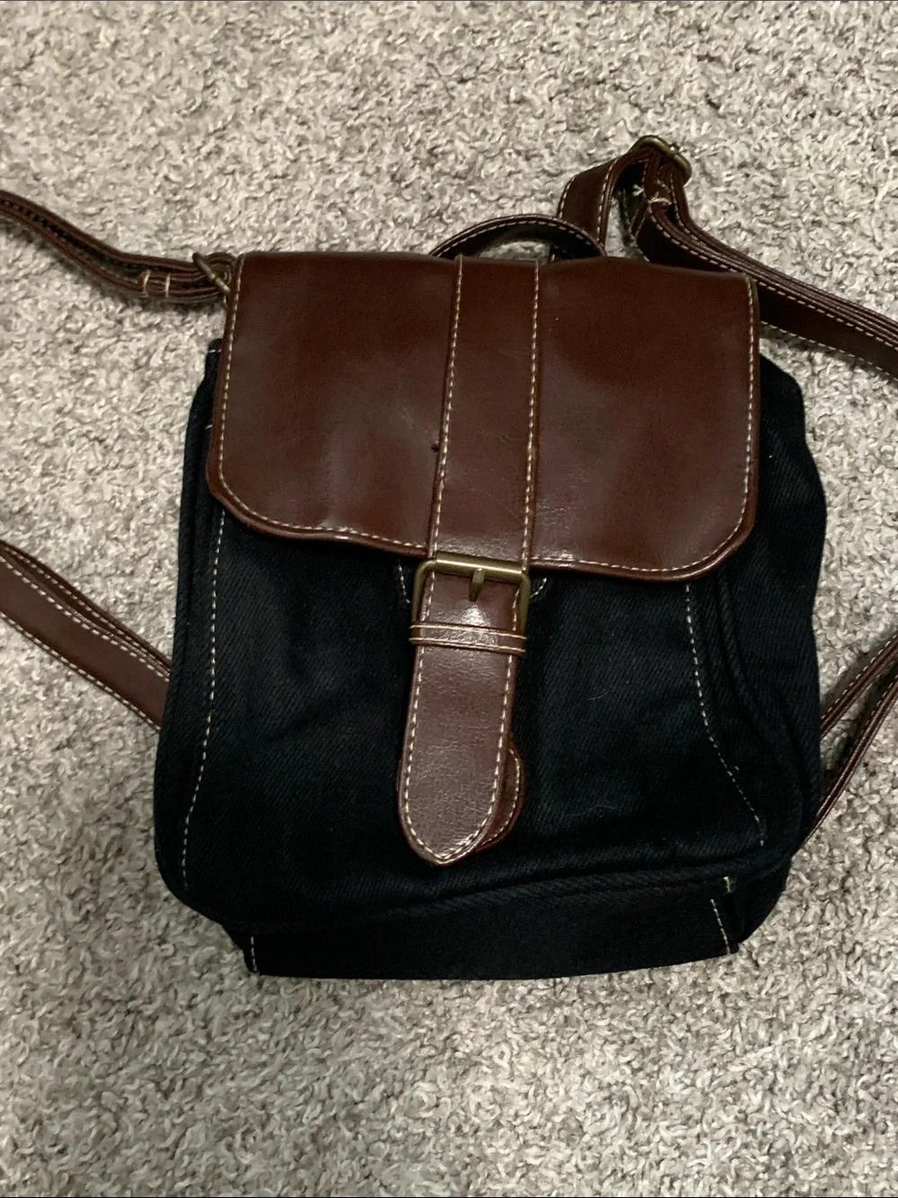 Y2K Black Canvas Square Mini Backpack with Brown Faux Leather Trim